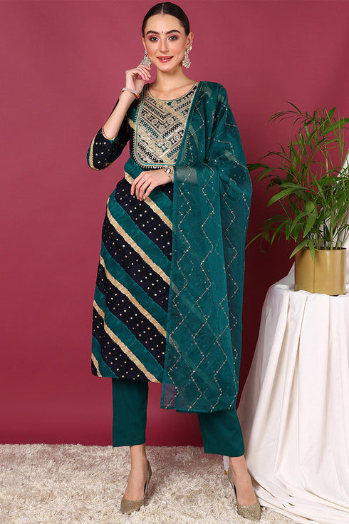 Plus Size Navy Blue Viscose Rayon Leheriya Printed Yoke Design Straight Suit Set
